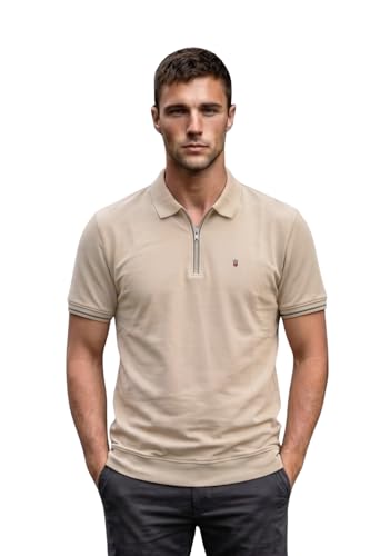 Image of Louis Philippe Men's Slim Fit Zipper Polo T-Shirt in 100% Cotton Pique Fabric for Casual Wear