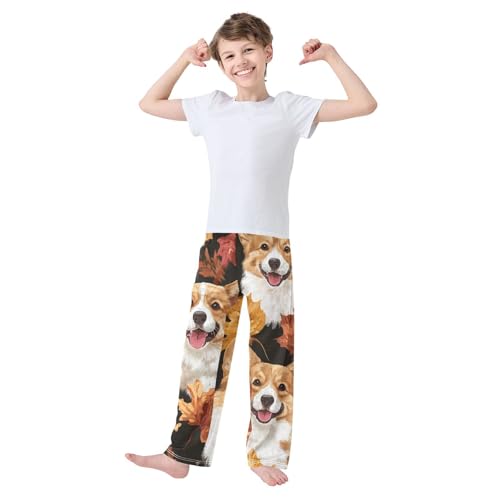 Corgi Dogs Maple Leaves Boys Long Pants Soft Trousers Elastic Waist Kids Lounge Bottoms with Pockets S-XL3