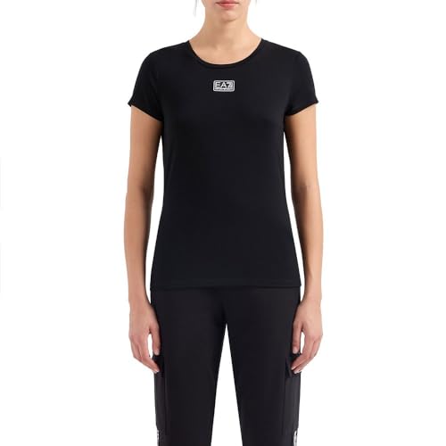 Image of Emporio Armani EA7 Women's Dynamic Athlete Crew Neck T-Shirt in Natural Technical Fabric VENTUS7 ASV, Logo Tape on the Back – 3DTT17 (XS, Black), Black
