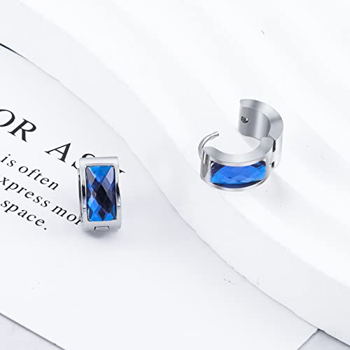 Ritach Stainless Steel Hoop Earrings For Men Blue Cz #TOP5