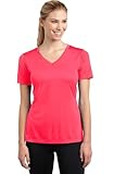 DRI-EQUIP Ladies Short Sleeve V-Neck Moisture Wicking T-Shirt-HotCoral-M