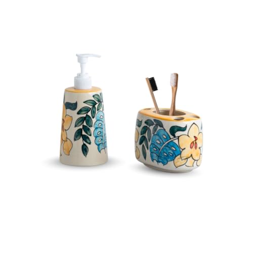 Image of ExclusiveLane 'Eden Bloom' Hand-Painted Ceramic Bathroom Accessories Set of 2 (Liquid Soap Dispenser for Wash Basin, Paste & Toothbrush Holder) |Handwash Dispenser |Bathroom Organiser Set