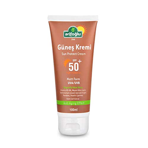 Arifoğlu Güneş Kremi 50+ Organik Aloe Veralı Anti Aging 100ml Sun SPF 50+ Koruma & Nem, Suya Dayanıklı Nemlendirici Güneş Kremi,Çok Yüksek Koruma,48 Saat Nemlendirme,Güneş Koruyucu