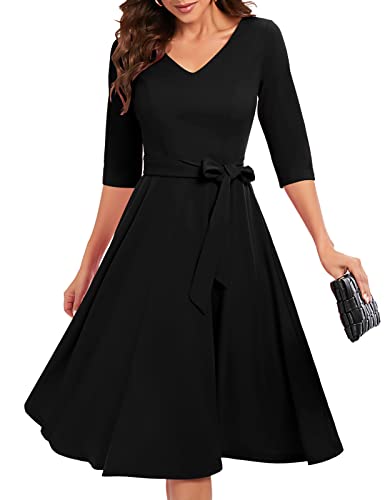 Bbonlinedress Schwarzes Kleid Damen 3/4 arm V-Ausschnitt Midi Kleider...