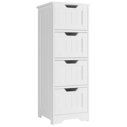 FOTOSOK Bathroom Storage Cabinet, Bathroom Cabinet with 4 Drawers, 11.8” x 11.8” x 32.5” Freestanding Entryway Cupboard Storage Organizer Unit Home Furniture Decor, White