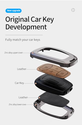 Image of Zinc Metal Alloy Leather Car Key Cover & Case Brown with Keychain & Holder fit for TATA Nexon, Punch, Altroz, Tigor, Harrier, Safari, Gravitas (4 Button Push Smart Key)
