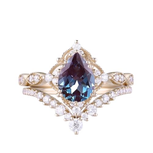 1.5 ct Pear Shaped Alexandrite Engagement Rings For Women Vintage 2 pcs Art Deco Bridal Sets Wedding Rings S925 10K 14K 18K White Yellow Rose Gold Teardrop Wedding Ring Set For Her2