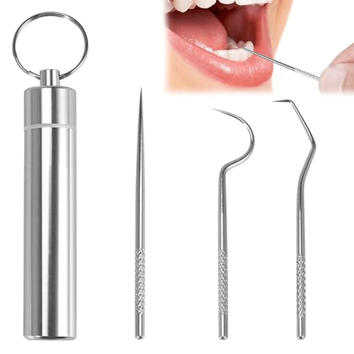 MEKEET 1PCS Toothpick Holders Metal Toothpick Set with 304 Stainless Steel Toothpick Set Reusable Titanium Tooth Pick Metal Pill Box with Key Chain Travel Toothpick in Case for Outdoor Activities