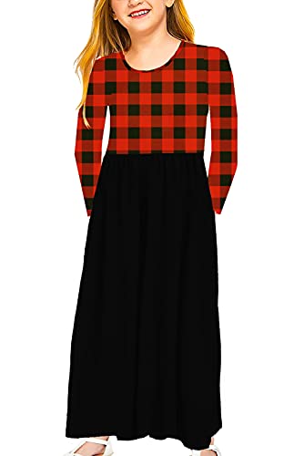 Long Sleeve Dress Girl Fall Spring Winter Christmas Red And Black Buffalo Plaid Maxi Dress 11-12 Years #TOP2