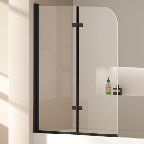 EMKE Panel de ducha para bañera 110x140 cm, marco negro, mampara de bañera plegable de 2 partes, panel de bañera de vidrio de seguridad de 6 mm, separación de ducha para bañera, fácil de limpiar