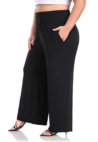 ZERDOCEAN Women's Plus Size Palazzo Pants Wide Leg Smocked Waist Casual Loose Lounge Pants with Pockets2