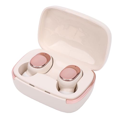 banapoy True Wireless Stereo Noise Reduction Earbuds for Laptop Pad Phones Workout Running, Ergonomic Bluetooth 5.6 Headphones with Real Time Power Display Automatic Connection (Beige White)