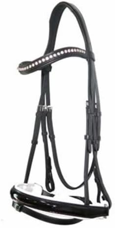 English Bridle Headstall Reins Leather Cowhide Genuine Horse Crossover Crossunder Raised Fancy Stitched Laced All Purpose Jumping Dressage Rubber Crystal Adjustable Browband Size:Full-Cob, M77