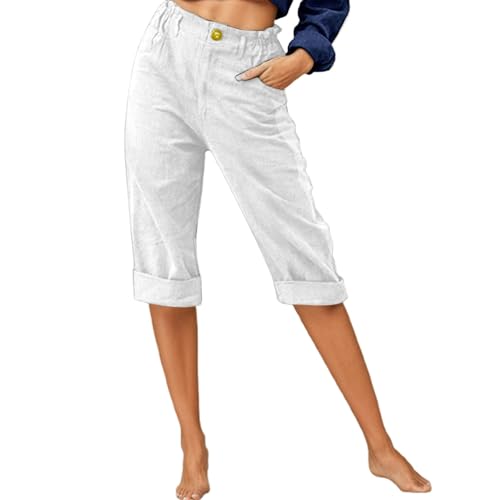 Women's Casual Cropped Pants with Button Detail Comfortable Everyday Wear Summer Lightweight Breathable (White, XXL)