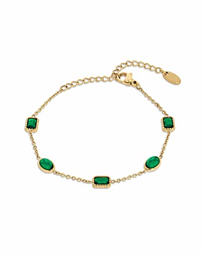 Tennis Bracelets for Women, Green Emerald Zircon Tennis Bracelet, 18K Gold Plated, 6 Inch Rolo Chain, Lobster Claw Clasp