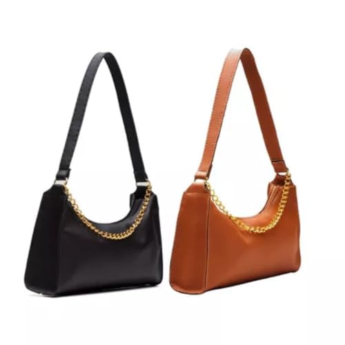 Kit 2 Bolsas Femininas Baguete com Corrente – Bolsa Pequena de Ombro Transversal e de Mão Moderna e Elegante (Preto+Caramelo)