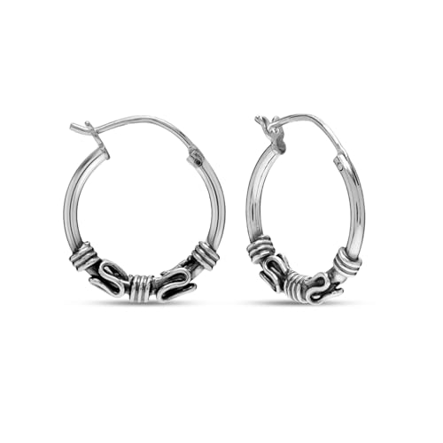 Charmsy - Pendientes de aro balinés oxidados de plata de ley 925 para mujer, ligeros, con cierre de clic, estilo balinés oxidado, tamaño 30-60 mm, Plata de ley, Sin piedra preciosa