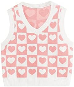 MISUMALLS Girl's Cute Preppy Heart Print Sweater Vest Casual Sleeveless V Neck Knit Tank Tops Pink