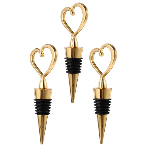 WATIIFUFU Tapón para Botella de Vino Forma Corazón Dorado 3 Piezas Corcho Sellador para Bodas y Fiestas Cierre Hermético para Mantener Vino y Bebidas Óptimas Condiciones