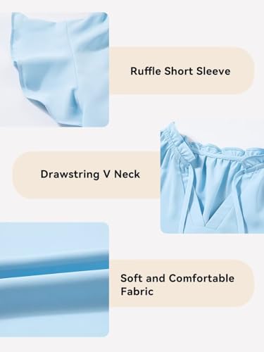 Image of DOKOTOO KIDS Girls Short Sleeve Blouse Dress Shirt Top Size 7-15 Years Old | None Elastic Fabric, Ruffle V Neck, Pull on, Solid Collared Formal, Flowy Casual Flutter Spring Summer Western Top