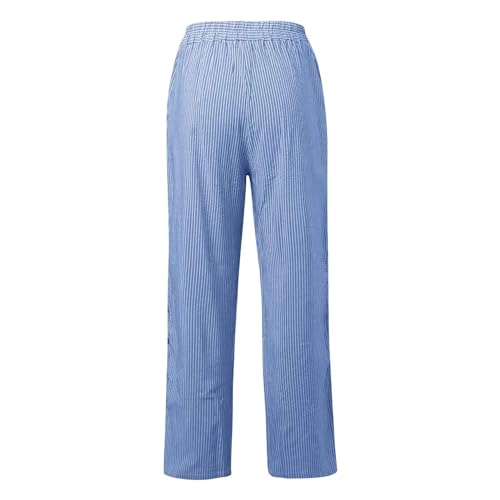 Women's Casual Pants Striped Side Button Elastic Waist Trendy Pants Straight Leg Baggy Summer Trousers with Pockets3
