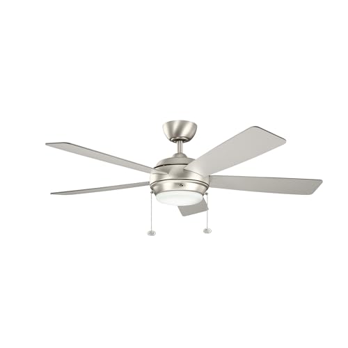 Kichler Starkk 52' Ceiling Fan with LED Lights in Brushed Nickel, 5-Blade Traditional Fan with reversible Silver/Walnut blades, 3000K, (52' W x 13.75' H), 330174NI