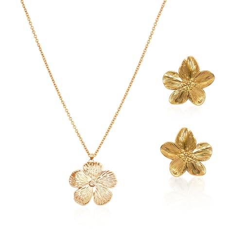 EHDWXVZM - Bijoux fleurs - 1 paire de boucles d'oreilles style palais, 1 collier, or, femme, toutes occasions