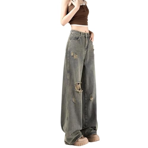 Women's Retro Ripped High Waist Straight Jeans Summer Fashion Casual with Pockets Loose Wide Leg Pants4