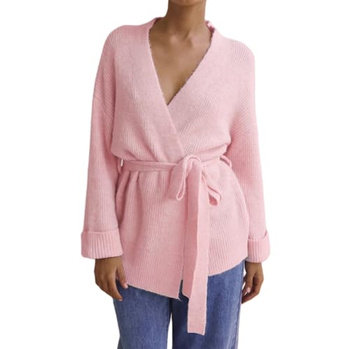 Wrap Sweater Cardigan for Women Long Sleeve V Neck Knit Coat with Belt Tie Waist Open Front Cardigan Outwear