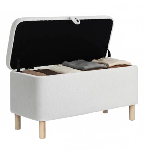 COLAMY Große Ottomane Aufbewahrungsbox für 80L Ottomane Aufbewahrungsbank aus Holz mit rutschfesten Polstern und Klappdeckel Fußhocker für Wohnzimmer Schlafzimmer Creme