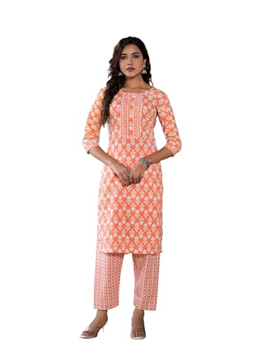 Image of Juniper Orange Ethnic Motif Printed Cotton Kurta & Pant Set With Lace