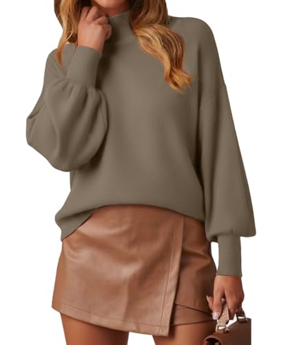 Image of WEACZZY Women's Sweater Mock Neck Long Lantern Sleeve Lightweight Knit Tops