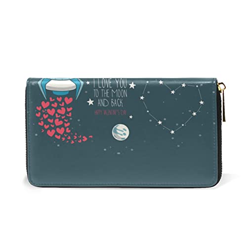 Valentine's Day Moon, Stars, Astronaut in Space and Rocket, Universe Leather Long Wallet Organizer with Zipper Purse Clutch Bag for Women Men2