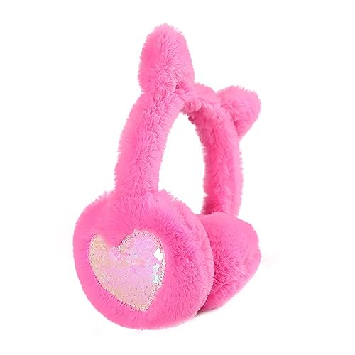 Surakey Ear Warmers Women's Winter Warm and Cute Outdoor Cute with Cat Ears Plush Sequin Heart Earmuffs for Kids Adults Cold Protection (Rosy)