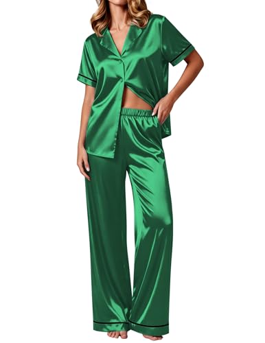 Ekouaer Womens Silk Pajamas Set Short Sleeve Satin Pjs 2 Piece Soft Loungewear with Pants Button Down Sleepwear Green M