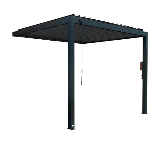 Image of Backyard Discovery Evanston 10'x10' Galvanized Steel Wall-Mounted Louvered Pergola Kit with Adjustable Roof, Shade, Rain Protection, High-Wind Rating, PowerPort, Gutter System for Outdoor Patio, Deck