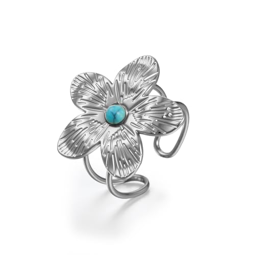 Amaxer Anillo de flor grueso para mujer de acero inoxidable, anillos de dedo grandes y exagerados ajustables con banda abierta floral para mujer, Acero inoxidable, Sin piedras preciosas