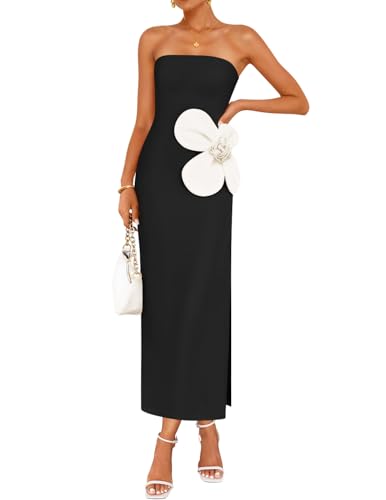 ZESICA Women's Summer Strapless Bodycon Maxi Dress 2025 Ribbed Knit Backless Floral Tube Cocktail Party Long Dresses,Black,Large