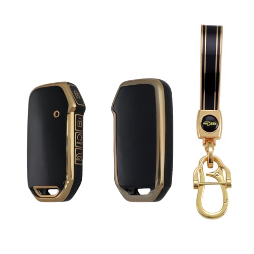 Image of Keyzone TPU Car Key Cover & Keychain Compatible for: Kia Carens Sonet2023, Seltos 2023 Onwards 4 Button Smart Key (Compare Key Shape Before Ordering) (Gold Black with Gold Black Keychain)