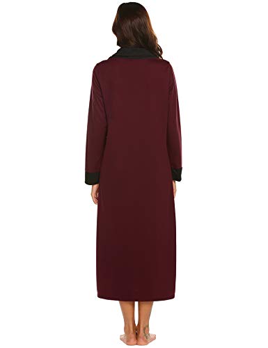 Ekouaer Long Nightgown Women Long Sleeve Loungewear Oversized Nightshirt Full Length Warm Maxi Nightdress Wine Red