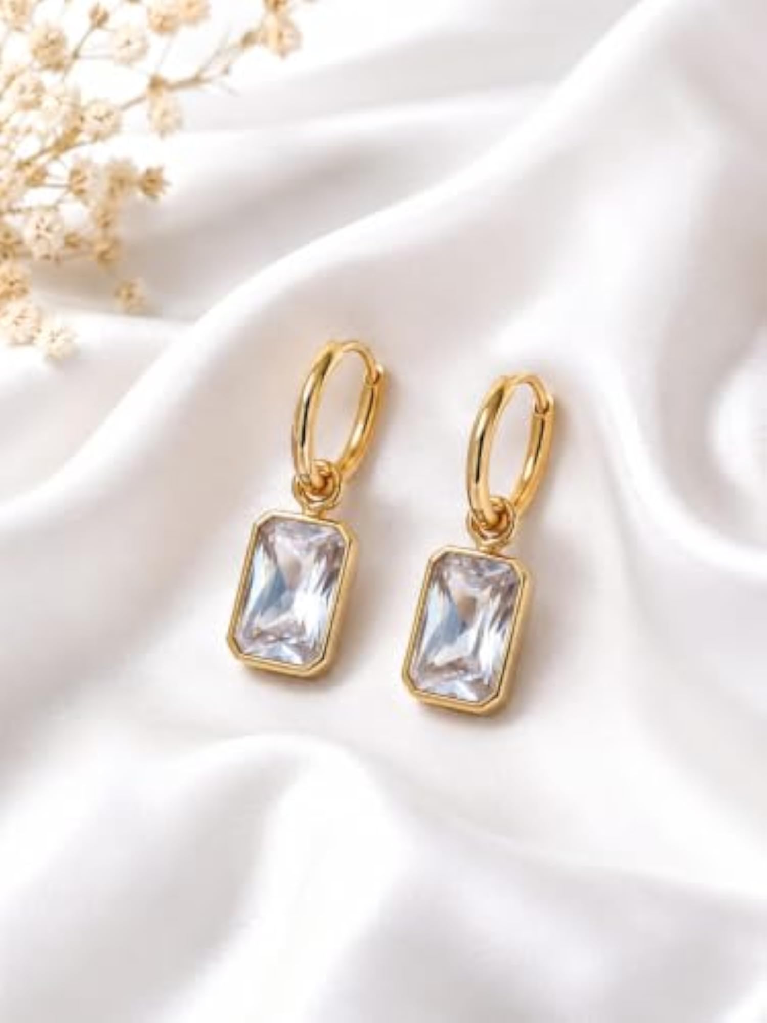 Rectangular Crystal Hoop Drop Earrings Gold Tone