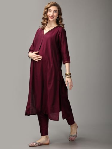 Image of The Mom Store Maternity Nursing and Feeding Kurta Set | Nursing Zippers | Pre and Post Pregnancy | Raw Silk | Kurta Pant Set | Solid |