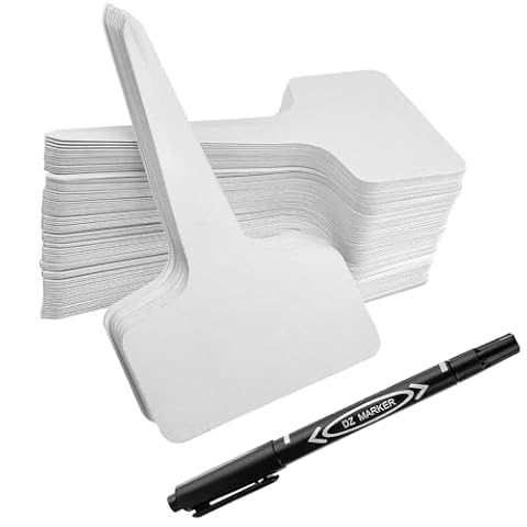 Tabliczki na rośliny, 100 sztuk, 10 x 6 cm, plastikowe, do ogrodu, markery do roślin, typ T, odporne na warunki atmosferyczne, z markerem (białe)
