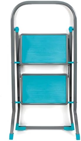 Beldray LA023957TQ 2 Step Ladder with Non-Slip Steps, Outdoor/Indoor, Strong Steel, Durable & Sturdy, Foldable For Storage, Safety Clip, Approx 2 M Reach Height, Anti-Slip Feet, DIY, Turquoise/Grey