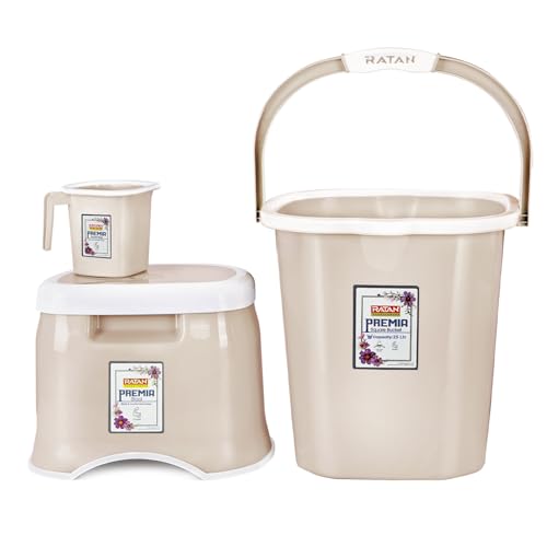 Image of RATAN PLASTICWARE Premia Bathroom Set (Bucket 25L X 1) + (Mug 1.5L X 1) + (Small Stool X 1) - Desert Rose|Light Weight and Easy to Carry|Perfect for Use in Bathrooms, Kitchen & Wet Utility Areas