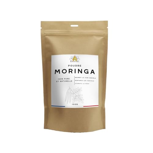 ESSENTIOIL Poudre de Moringa - 100% Naturel - Pousse des cheveux, Limite la chutte des cheveux, Purifie la peau, Réduit l'apparition des rides - Tous cheveux et peaux - 100g - Marque Française
