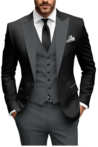 HUUTOE 3 Piece Dark Grey Tuxedo for Men Slim Fit Mens Tuxedo Suit Set Prom Tuxedos Wedding Groom Suits Blazer Dress Vest Pants xs
