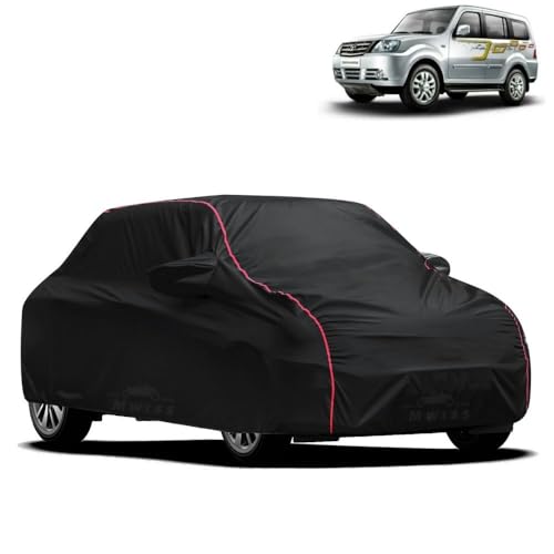 Image of Waterproof Car Cover for Tata Sumo Grande MK II | All-Weather Protection, Dustproof & UV Resistant | Triple Stitched Mirror Pockets, Windproof Buckle Strap with Elastic Hem, Black-Red Piping