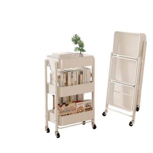 JICOMUS キッチンワゴン組立不要 折り畳み式 スチールラック 幅46×奥行29.5×高さ87cm 3段ワゴン ハンドル付き キッチンラック バスケットトローリー バスケット キャスター付き 隙間収納 カート 移動式 (B,ホワイト)