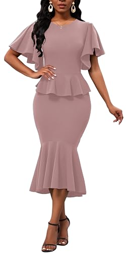 Image of Womens Summer Ruffle Short Sleeve Fishtail Dress Evening Cocktail Formal Peplum Midi Mermaid Dresses Elegant